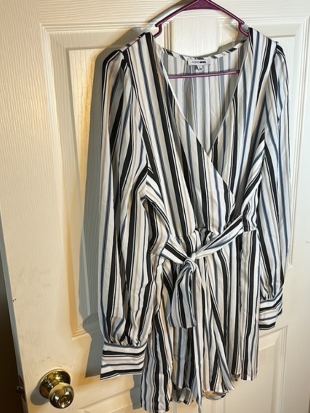 Fashion Nova Black & White Striped Long Sleeve Wrap Dress